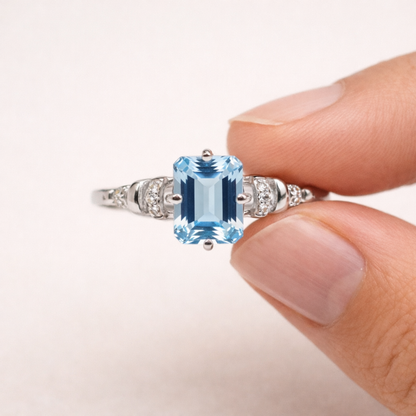 Natural Sky Blue Topaz Octagon Sterling Silver Pave Ring