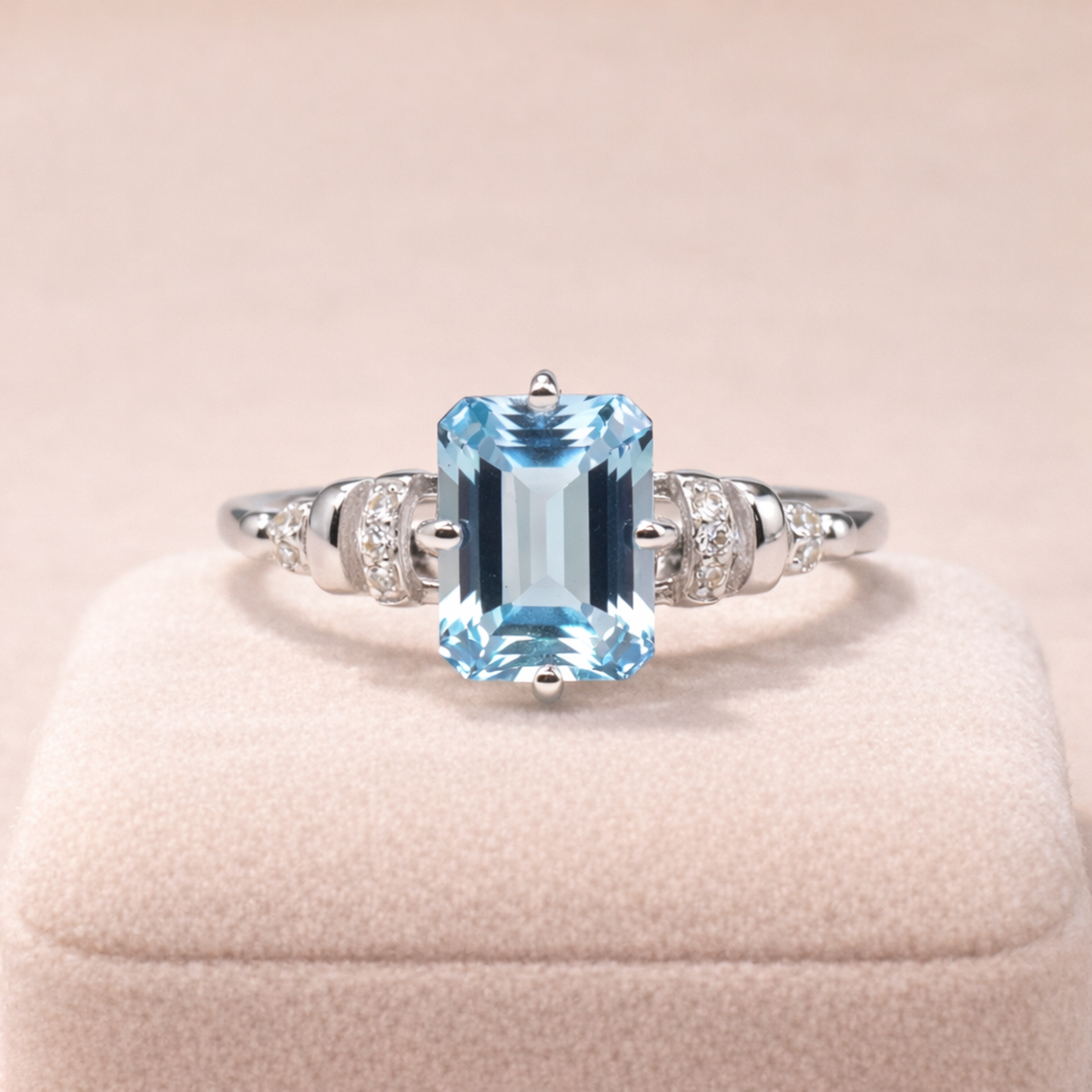Natural Sky Blue Topaz Octagon Sterling Silver Pave Ring