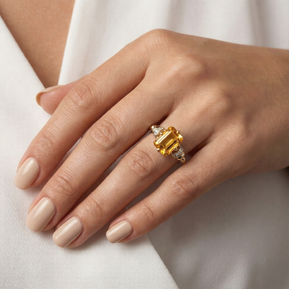 1.92 Ct Octagon Yellow Citrine and White Topaz Prong Silver Statement Ring