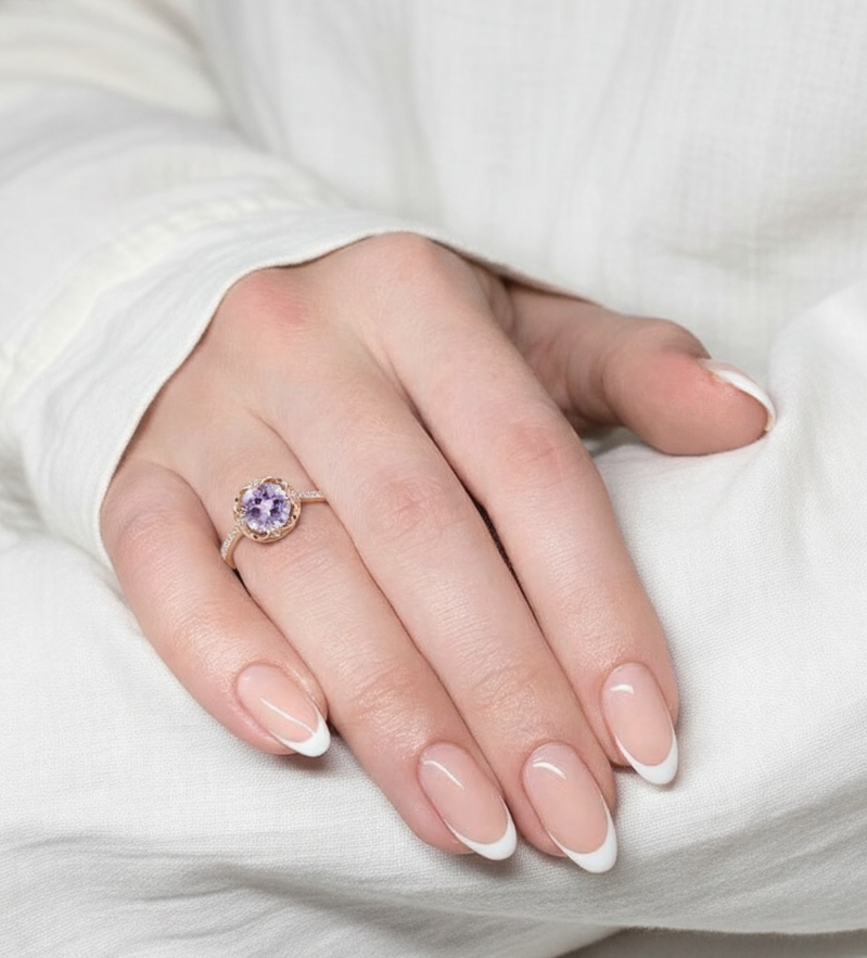 0.92 Ct Round Purple Amethyst and White Topaz Prong Silver Pave Cocktail Ring