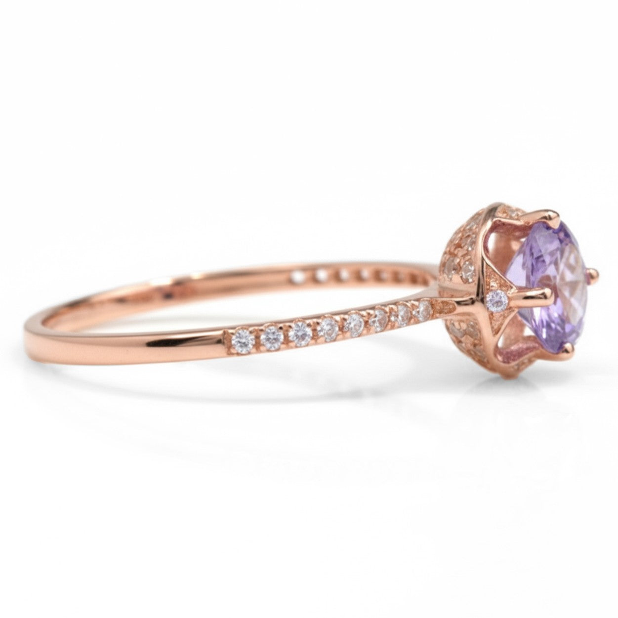 0.92 Ct Round Purple Amethyst and White Topaz Prong Silver Pave Cocktail Ring