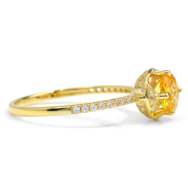0.92 Ct Round Yellow Citrine and White Topaz Prong Silver Solitaire Ring