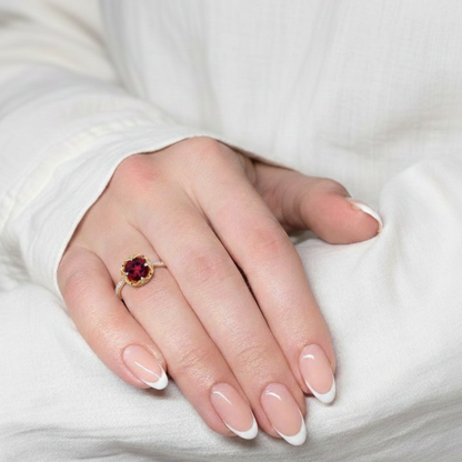 0.72 Ct Round Red Garnet and White Topaz Prong Silver Pave Ring