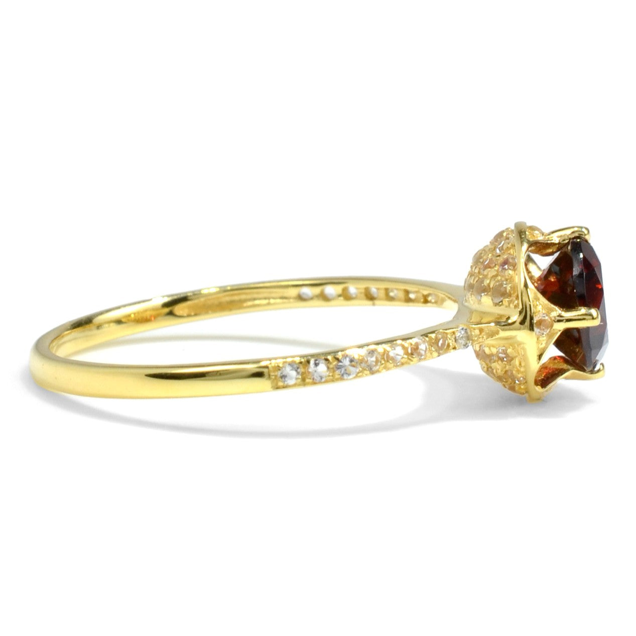 0.72 Ct Round Red Garnet and White Topaz Prong Silver Pave Ring