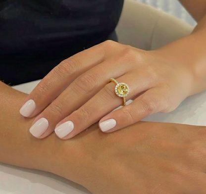 0.84 Ct Round Yellow Citrine and White Topaz Prong Silver Halo Ring