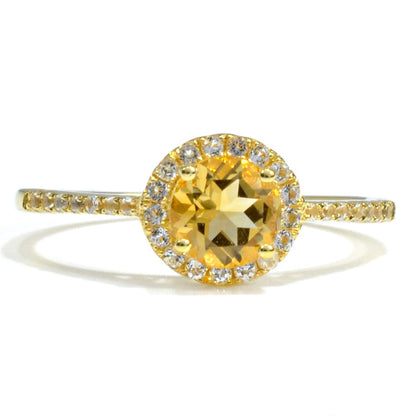 0.84 Ct Round Yellow Citrine and White Topaz Prong Silver Halo Ring