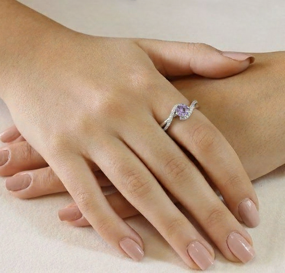 0.50 Ct Round Purple Amethyst and White Topaz Prong Silver Pave Bypass Ring
