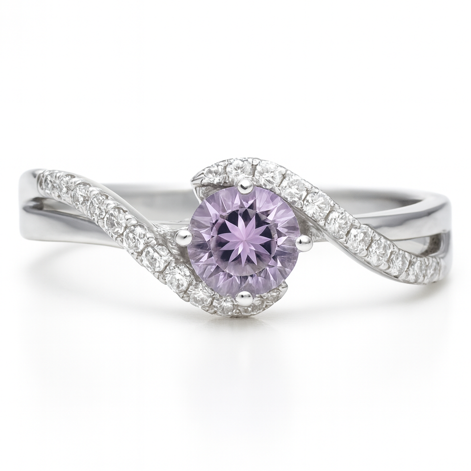 0.50 Ct Round Purple Amethyst and White Topaz Prong Silver Pave Bypass Ring