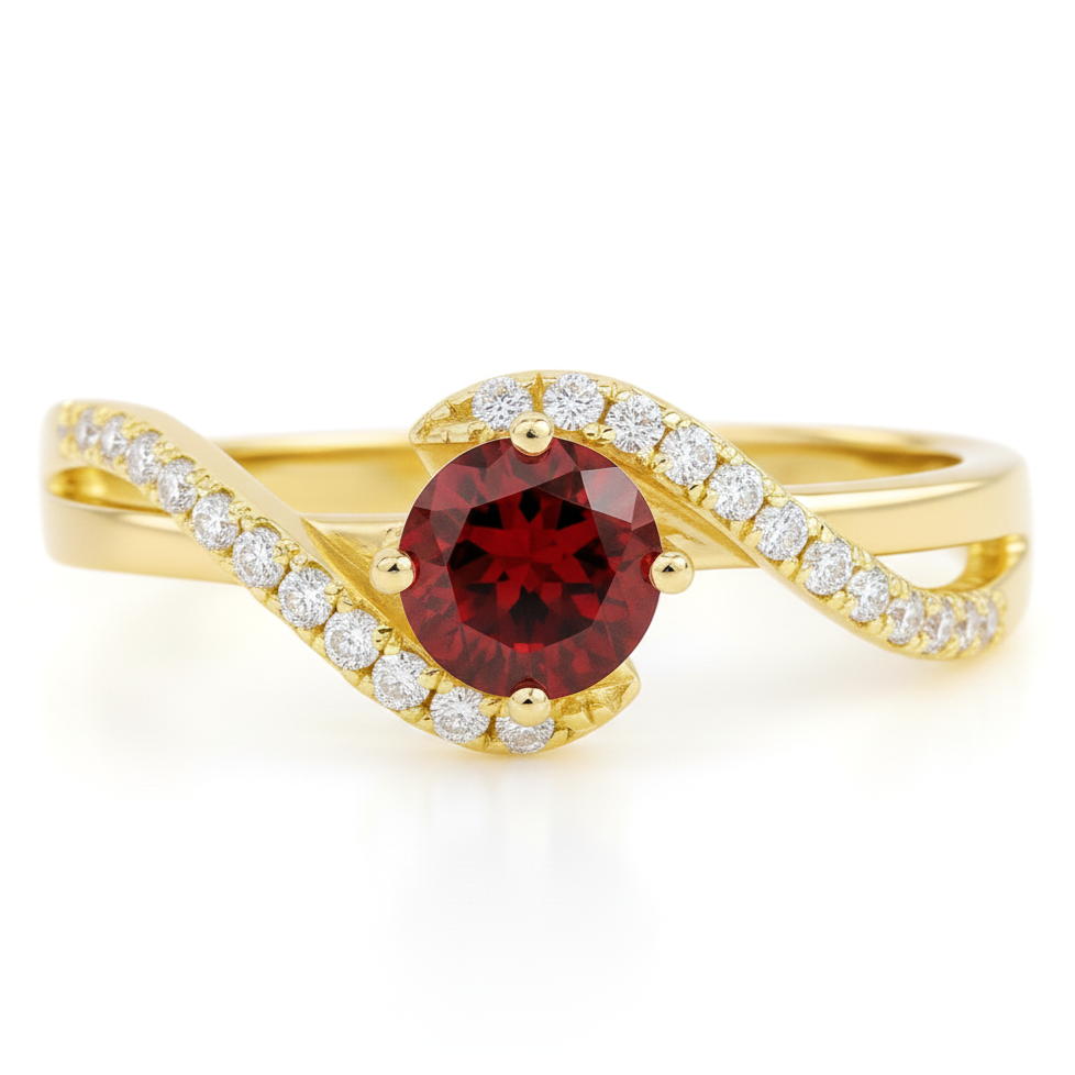 0.72 Round Red Garnet and White Topaz Prong Silver Bypass Ring