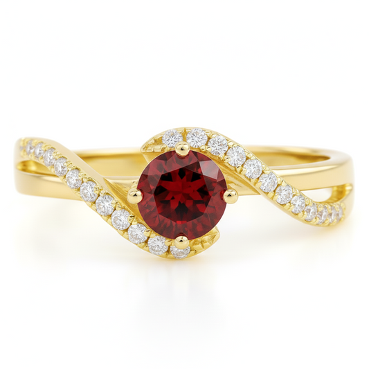 0.72 Round Red Garnet and White Topaz Prong Silver Bypass Ring