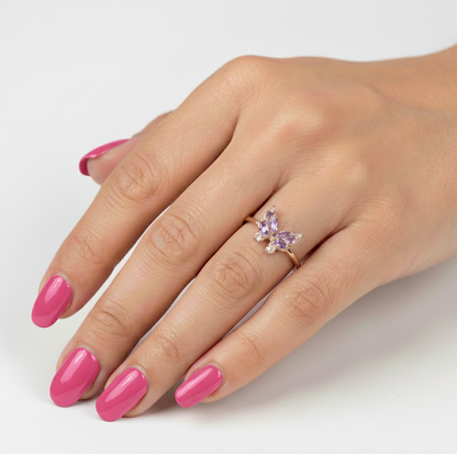 0.14 Ct Marquise Purple Amethyst and White Topaz Prong Silver Butterfly Ring