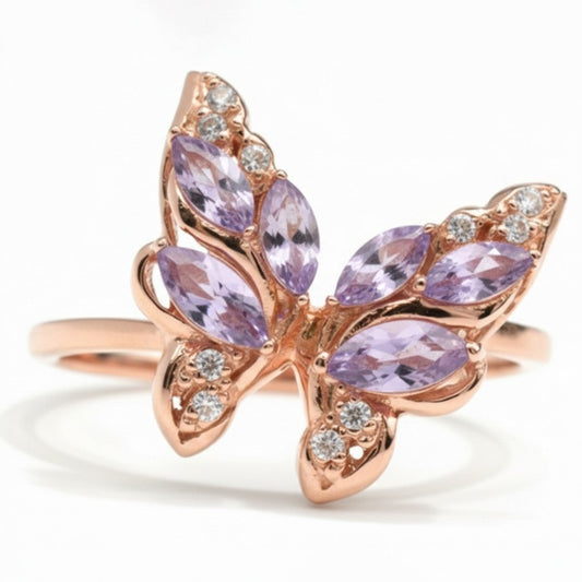 0.14 Ct Marquise Purple Amethyst and White Topaz Prong Silver Butterfly Ring