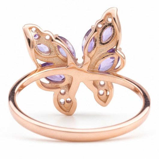 0.14 Ct Marquise Purple Amethyst and White Topaz Prong Silver Butterfly Ring