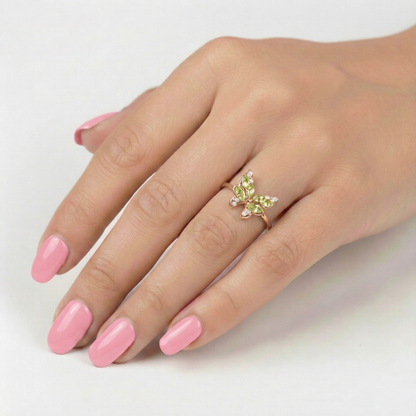 0.78 Ct Marquise Green Peridot and White Topaz Prong Silver Butterfly Ring