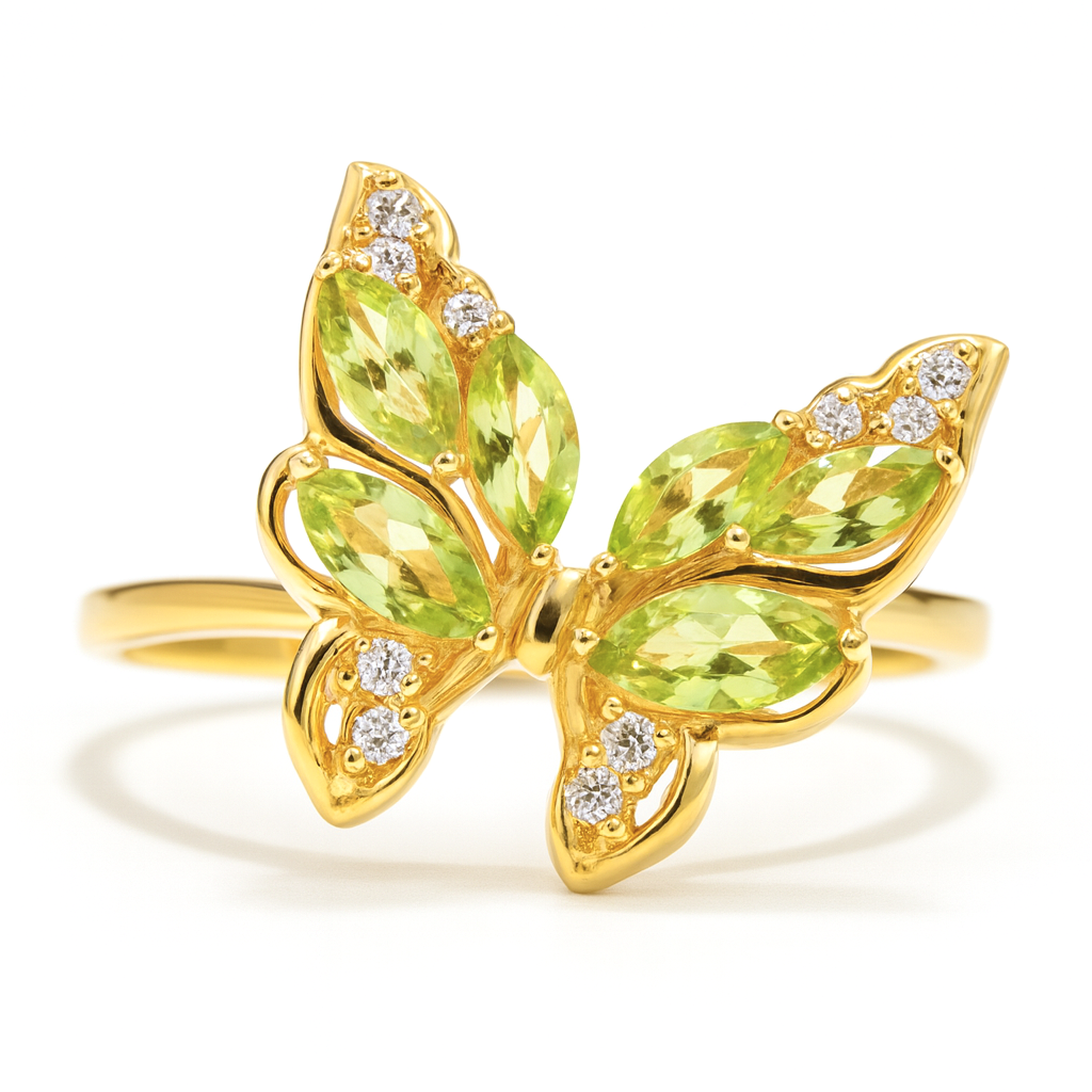0.78 Ct Marquise Green Peridot and White Topaz Prong Silver Butterfly Ring