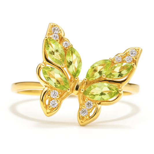 0.78 Ct Marquise Green Peridot and White Topaz Prong Silver Butterfly Ring