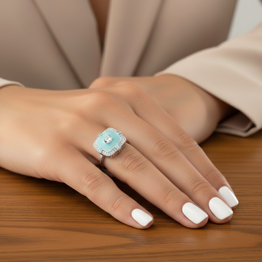Natural Sky Blue Topaz Silver Cushion Ring