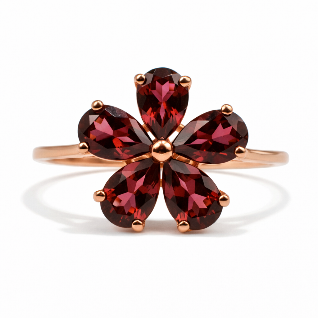 2.15 Ct Pear Red Garnet Prong Silver Flower Ring