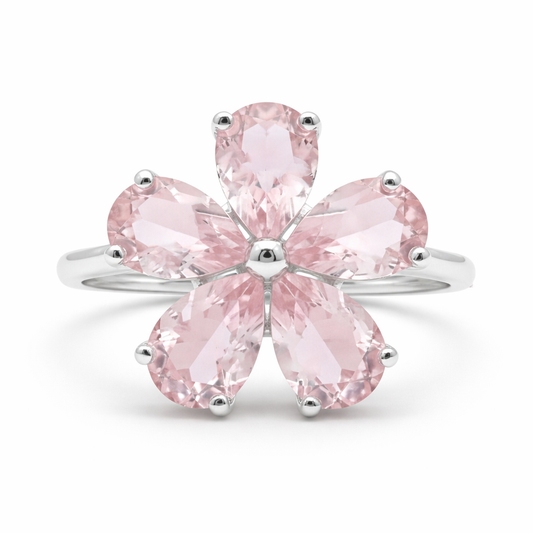 Natural Rose Quartz Sterling Silver Flower Ring