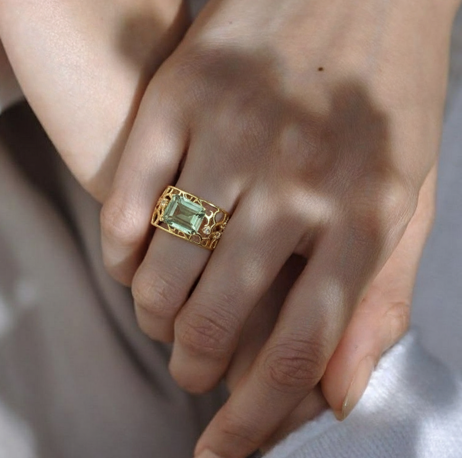 2.4 Ct Octagon Green Amethyst Prong Silver Filigree Band Ring