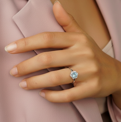 Natural Sky Blue Topaz Sterling Silver Floral Halo Ring