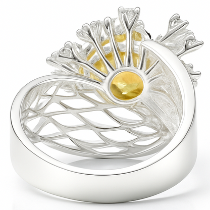 3.64 Ct Round Yellow Citrine and White Topaz Prong Silver Flower Ring
