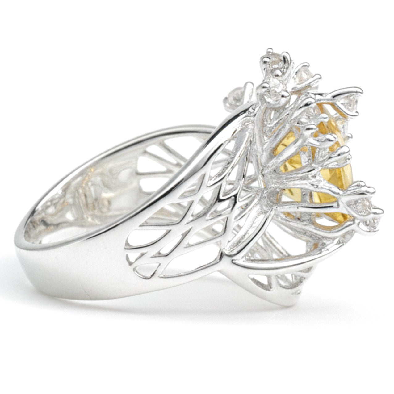 3.64 Ct Round Yellow Citrine and White Topaz Prong Silver Flower Ring