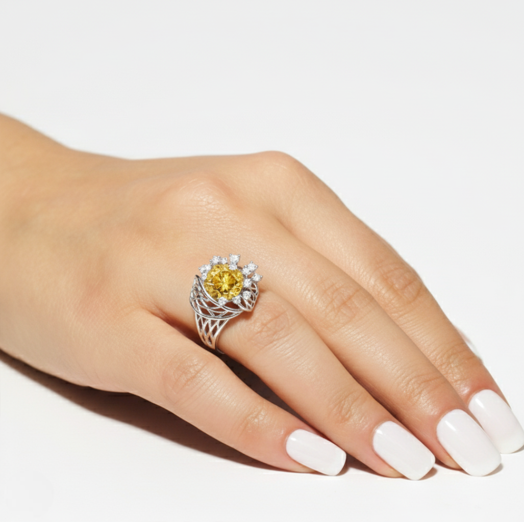 3.64 Ct Round Yellow Citrine and White Topaz Prong Silver Flower Ring