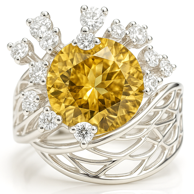 3.64 Ct Round Yellow Citrine and White Topaz Prong Silver Flower Ring