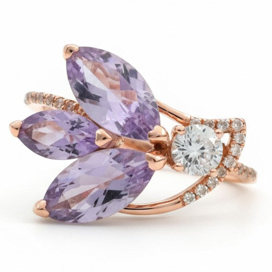 2.10 Ct Marquise Purple Amethyst and White Topaz Prong Silver Floral Ring