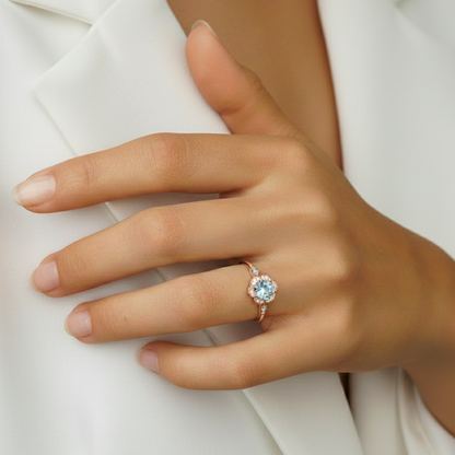 Round Natural Sky Blue Topaz Gemstone Silver Ring