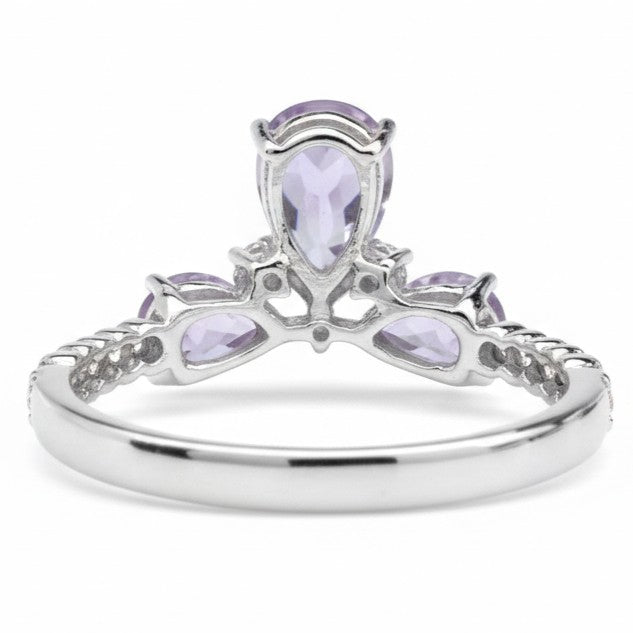 1.48 Ct Pear Purple Amethyst Prong Silver 3 Stone Pave Ring
