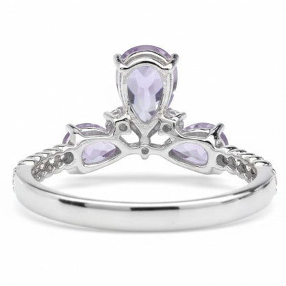 1.48 Ct Pear Purple Amethyst Prong Silver 3 Stone Pave Ring
