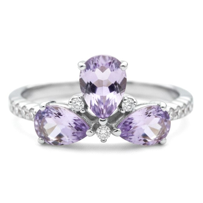 1.48 Ct Pear Purple Amethyst Prong Silver 3 Stone Pave Ring
