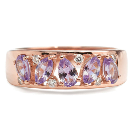 0.54 Ct Pear and Marquise Purple Amethyst and White Topaz Prong Silver Leaf Band Ring