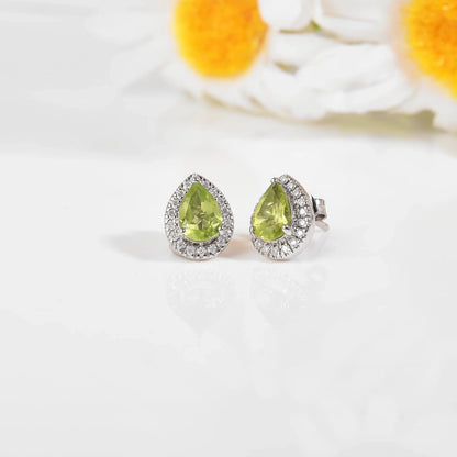 Natural Peridot Pear Shaped Halo Studs Earrings