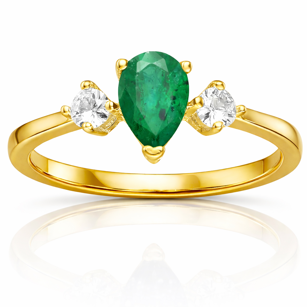 0.62 Ct Pear Green Emerald and White Sapphire Prong 22K Gold Vermeil Three Stone Anniversary Ring
