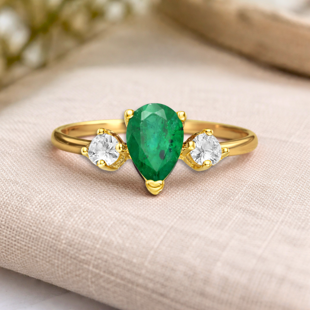 0.62 Ct Pear Green Emerald and White Sapphire Prong 22K Gold Vermeil Three Stone Anniversary Ring