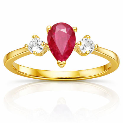 0.55 Ct Pear Red Ruby 22k Gold Vermeil Three Stone Prong Teardrop Ring