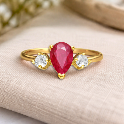 0.55 Ct Pear Red Ruby 22k Gold Vermeil Three Stone Prong Teardrop Ring