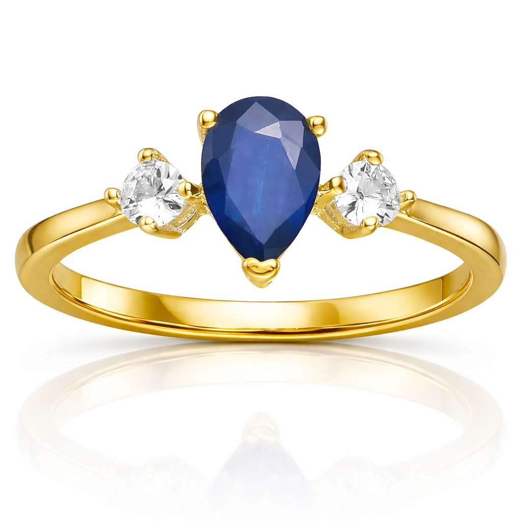 0.67 Ct Pear Blue Sapphire and White Sapphire Prong 22K Gold Vermeil Three Stone Ring
