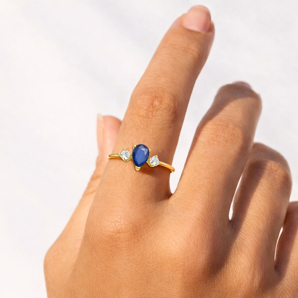 0.67 Ct Pear Blue Sapphire and White Sapphire Prong 22K Gold Vermeil Three Stone Ring