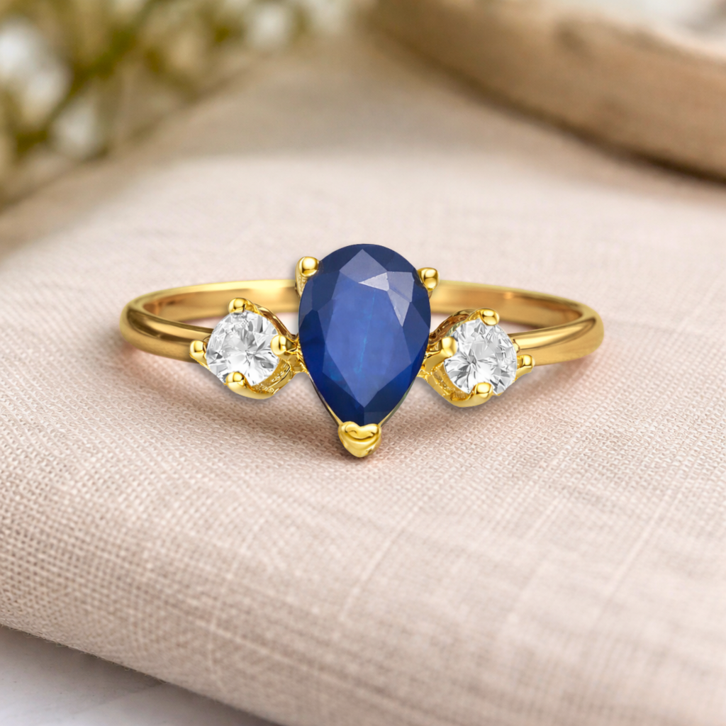 0.67 Ct Pear Blue Sapphire and White Sapphire Prong 22K Gold Vermeil Three Stone Ring
