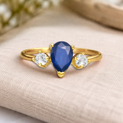 0.67 Ct Pear Blue Sapphire and White Sapphire Prong 22K Gold Vermeil Three Stone Ring