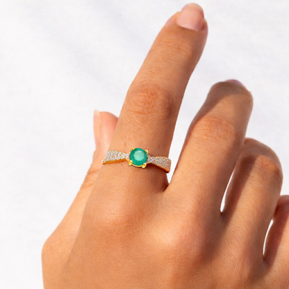 1.26 Ct Round Green Emerald and White Sapphire Prong 22K Gold Vermeil Pave Crossover Engagement Ring