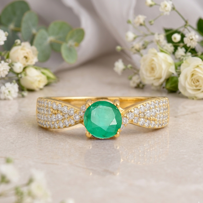 1.26 Ct Round Green Emerald and White Sapphire Prong 22K Gold Vermeil Pave Crossover Engagement Ring