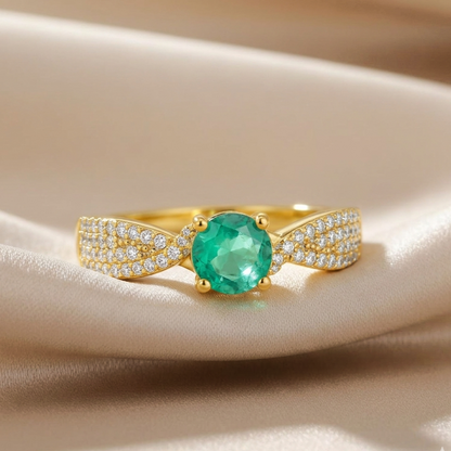 1.26 Ct Round Green Emerald and White Sapphire Prong 22K Gold Vermeil Pave Crossover Engagement Ring