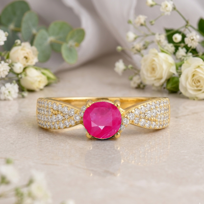 0.65 Ct Round Red Ruby 22k Gold Vermeil Solitaire Tapered Twist Shank Prong Pave Ring