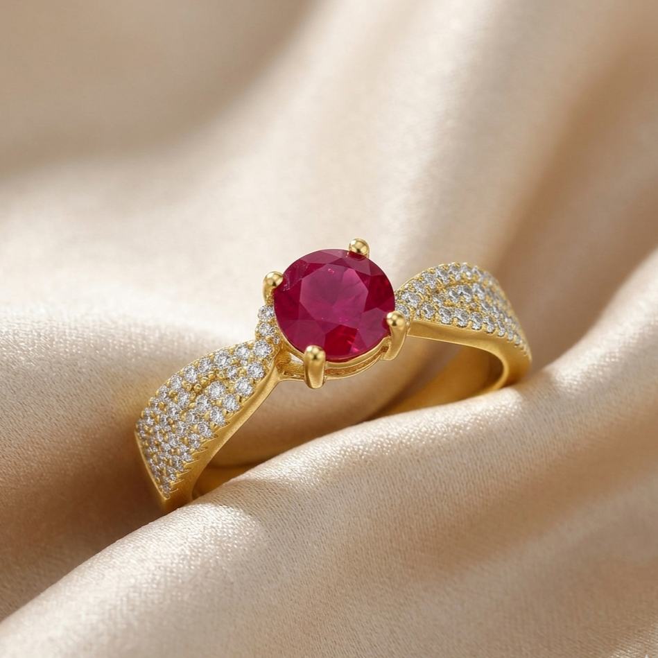 0.65 Ct Round Red Ruby 22k Gold Vermeil Solitaire Tapered Twist Shank Prong Pave Ring
