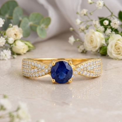 1.39 Ct Round Blue Sapphire and White Sapphire Prong 22K Gold Vermeil Engagement Ring